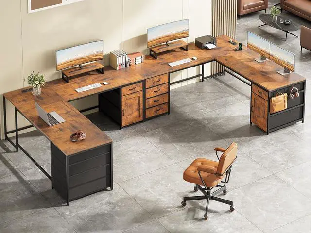 Alt view image 3 of 7 - L Shaped Desk, 63" Computer Desk with 5 Drawer & Power Outlet, Long Home Office Desk or Corner Desk, L Shaped Corner Desk with Monitor Shelf, Storage Cabinet, Rustic Brown