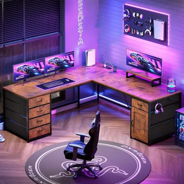 Alt view image 4 of 7 - L Shaped Desk, 63" Computer Desk with 5 Drawer & Power Outlet, Long Home Office Desk or Corner Desk, L Shaped Corner Desk with Monitor Shelf, Storage Cabinet, Rustic Brown
