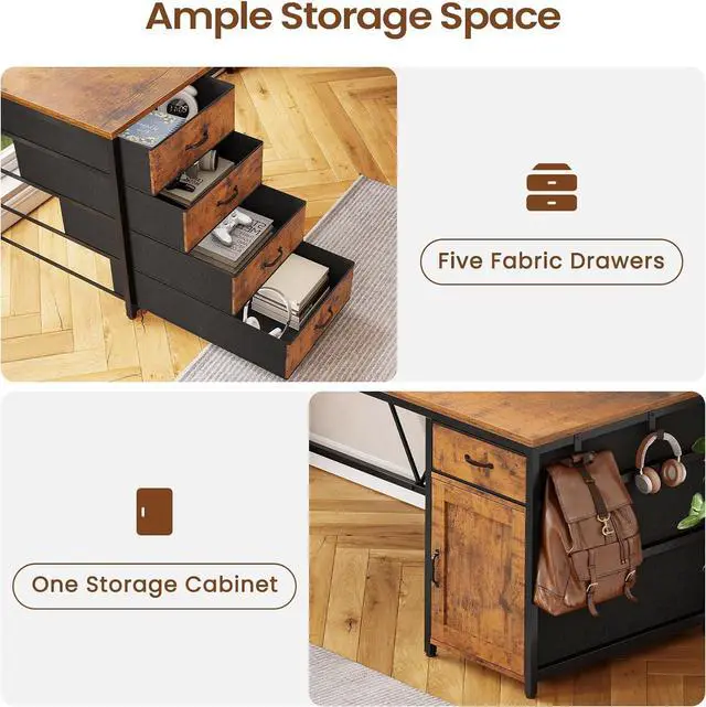 Alt view image 5 of 7 - L Shaped Desk, 63" Computer Desk with 5 Drawer & Power Outlet, Long Home Office Desk or Corner Desk, L Shaped Corner Desk with Monitor Shelf, Storage Cabinet, Rustic Brown