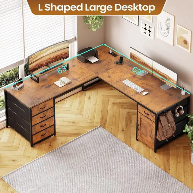 Alt view image 7 of 7 - L Shaped Desk, 63" Computer Desk with 5 Drawer & Power Outlet, Long Home Office Desk or Corner Desk, L Shaped Corner Desk with Monitor Shelf, Storage Cabinet, Rustic Brown