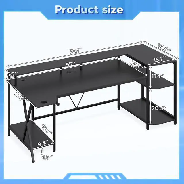 Alt view image 2 of 7 - Gaming Desk 70.8'' with LED Lights and Storage Shelves, Computer Desk with Monitor Stand, Power Outlets and Cup Holder, Large PC Gamer Desk, Gaming Table for Bedroom, Living Room, Black