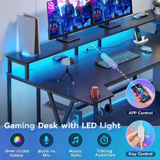 Alt view image 3 of 7 - Gaming Desk 70.8'' with LED Lights and Storage Shelves, Computer Desk with Monitor Stand, Power Outlets and Cup Holder, Large PC Gamer Desk, Gaming Table for Bedroom, Living Room, Black