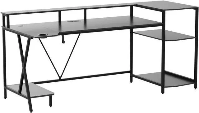 Alt view image 4 of 7 - Gaming Desk 70.8'' with LED Lights and Storage Shelves, Computer Desk with Monitor Stand, Power Outlets and Cup Holder, Large PC Gamer Desk, Gaming Table for Bedroom, Living Room, Black