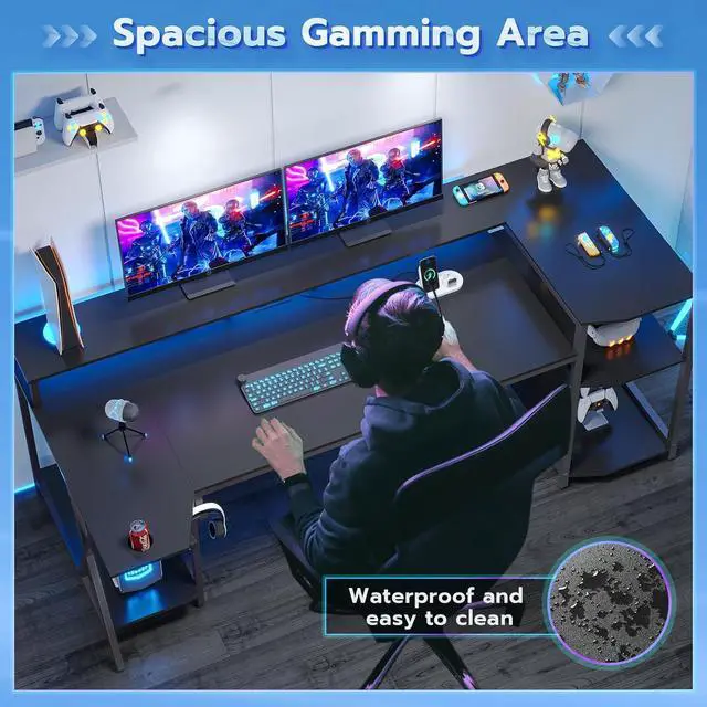Alt view image 5 of 7 - Gaming Desk 70.8'' with LED Lights and Storage Shelves, Computer Desk with Monitor Stand, Power Outlets and Cup Holder, Large PC Gamer Desk, Gaming Table for Bedroom, Living Room, Black