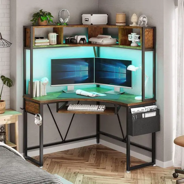 Alt view image 3 of 7 - Corner Desk, Small Computer Desk with Hutch & LED Lights, Triangle Corner Computer Desk with Keyboard Tray, Storage Bag, and Headphone Hook for Small Space, Small Office Desk, Rustic Brown