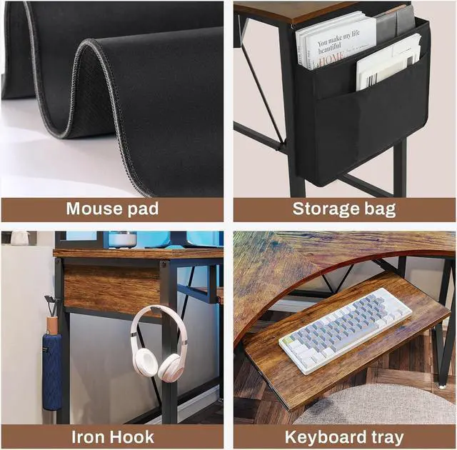 Alt view image 6 of 7 - Corner Desk, Small Computer Desk with Hutch & LED Lights, Triangle Corner Computer Desk with Keyboard Tray, Storage Bag, and Headphone Hook for Small Space, Small Office Desk, Rustic Brown