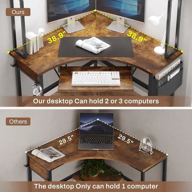 Alt view image 4 of 7 - Corner Desk, Small Computer Desk with Hutch & LED Lights, Triangle Corner Computer Desk with Keyboard Tray, Storage Bag, and Headphone Hook for Small Space, Small Office Desk, Rustic Brown
