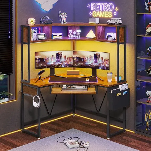 Alt view image 7 of 7 - Corner Desk, Small Computer Desk with Hutch & LED Lights, Triangle Corner Computer Desk with Keyboard Tray, Storage Bag, and Headphone Hook for Small Space, Small Office Desk, Rustic Brown