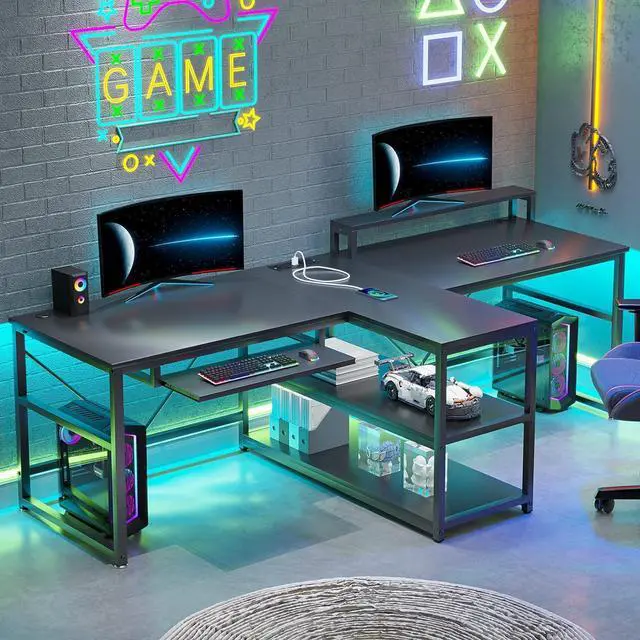 Main image of SEDETA 94.5" 2 Person Gaming Desk with Storage Shelves, LED Light, Black | Double T Shaped Office Desk with Keyboard Tray, Power Strip with USB & Monitor Stand for Home Office, Bedroom