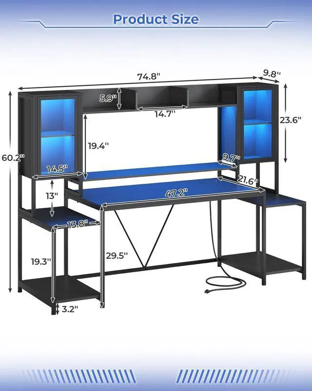 Alt view image 2 of 7 - Gaming Desk 74.8'' with LED Lights, Hutch and Storage Shelves, Computer Desk with Monitor Stand, Large PC Gamer Desk Workstation, Ergonomic Gaming Table for Bedroom, Living Room, Black