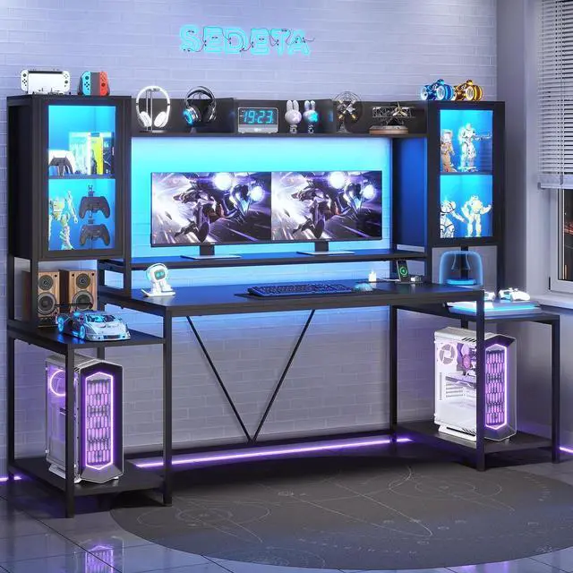 Main image of Gaming Desk 74.8'' with LED Lights, Hutch and Storage Shelves, Computer Desk with Monitor Stand, Large PC Gamer Desk Workstation, Ergonomic Gaming Table for Bedroom, Living Room, Black