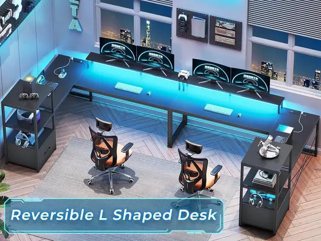 Alt view image 3 of 7 - L Shaped Gaming Desk, 51" Computer Desk with Storage Shelves, Gamer Desk with Power Outlets & LED Lights, Fabric Drawer, Monitor Stand and Hooks, Black