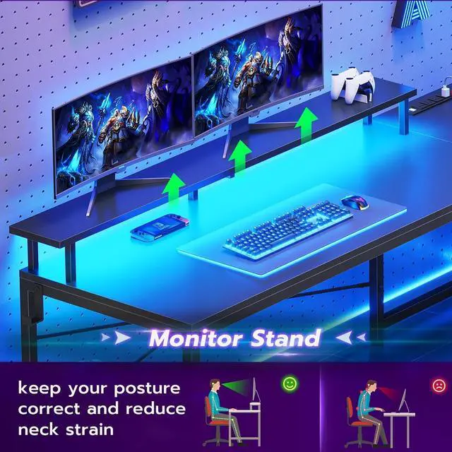 Alt view image 5 of 7 - L Shaped Gaming Desk, 51" Computer Desk with Storage Shelves, Gamer Desk with Power Outlets & LED Lights, Fabric Drawer, Monitor Stand and Hooks, Black