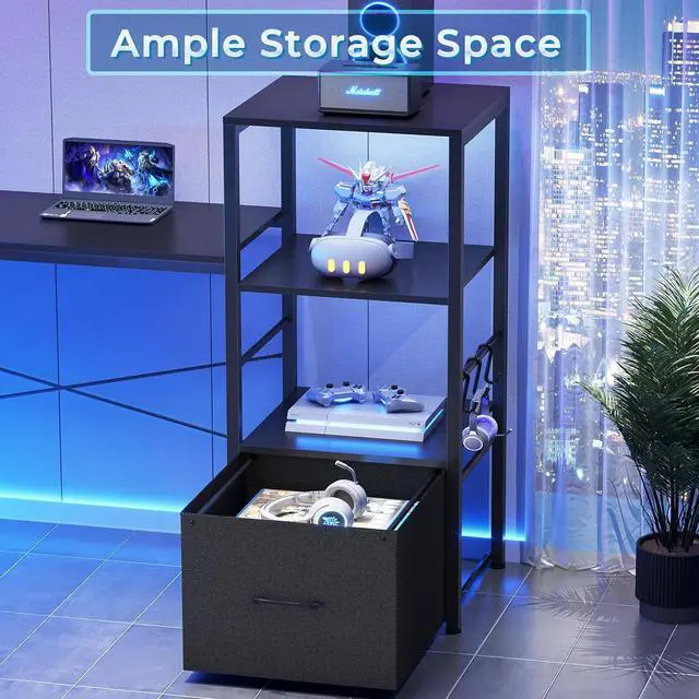 Alt view image 6 of 7 - L Shaped Gaming Desk, 51" Computer Desk with Storage Shelves, Gamer Desk with Power Outlets & LED Lights, Fabric Drawer, Monitor Stand and Hooks, Black