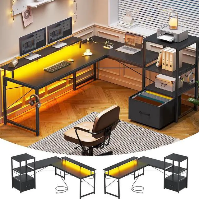 Alt view image 7 of 7 - L Shaped Gaming Desk, 51" Computer Desk with Storage Shelves, Gamer Desk with Power Outlets & LED Lights, Fabric Drawer, Monitor Stand and Hooks, Black