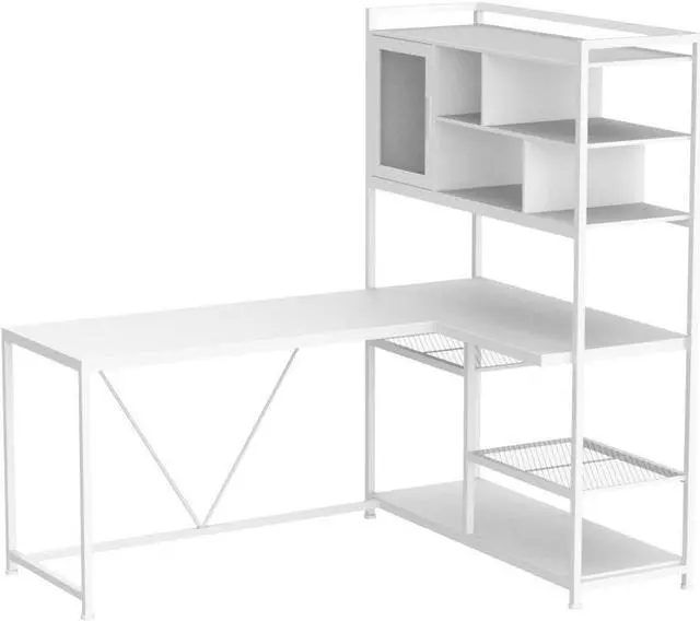 Alt view image 4 of 7 - L Shaped Computer Desk, 58'' Office Desk with LED Light and Bookshelf, L Shaped Corner Desk with Storage Shelves for Home Office, Gaming Desk, L Desk, White