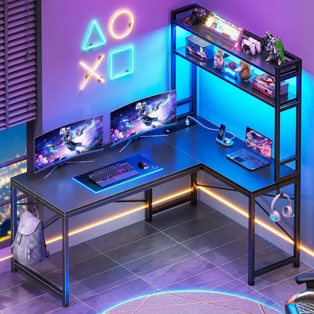 Main image of L Shaped Gaming Desk, Reversible 45.3 Small Corner Desk with Power Outlet and LED Lights, Corner Gaming Desk with Storage Shelves, Hooks for Small Space, Black