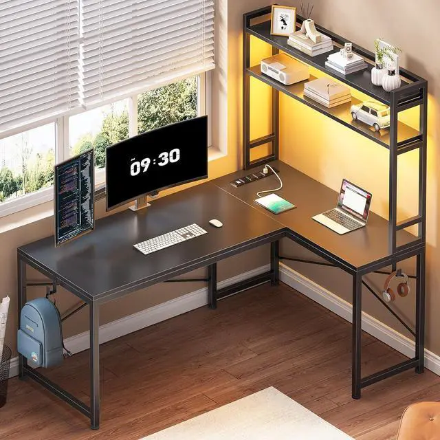 Alt view image 3 of 7 - L Shaped Gaming Desk, Reversible 45.3 Small Corner Desk with Power Outlet and LED Lights, Corner Gaming Desk with Storage Shelves, Hooks for Small Space, Black