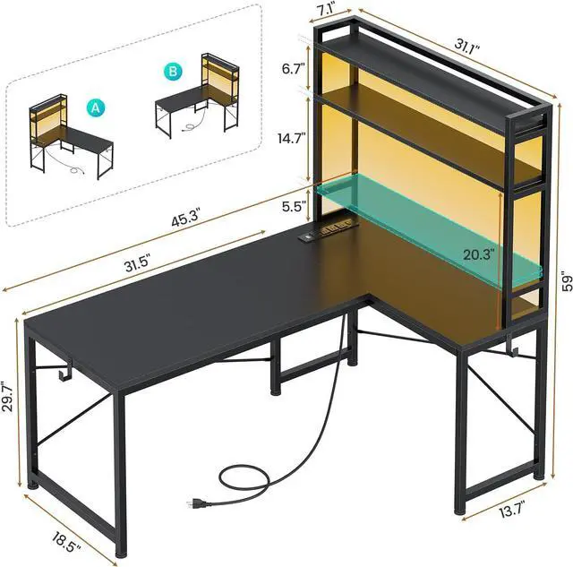 Alt view image 2 of 7 - L Shaped Gaming Desk, Reversible 45.3 Small Corner Desk with Power Outlet and LED Lights, Corner Gaming Desk with Storage Shelves, Hooks for Small Space, Black