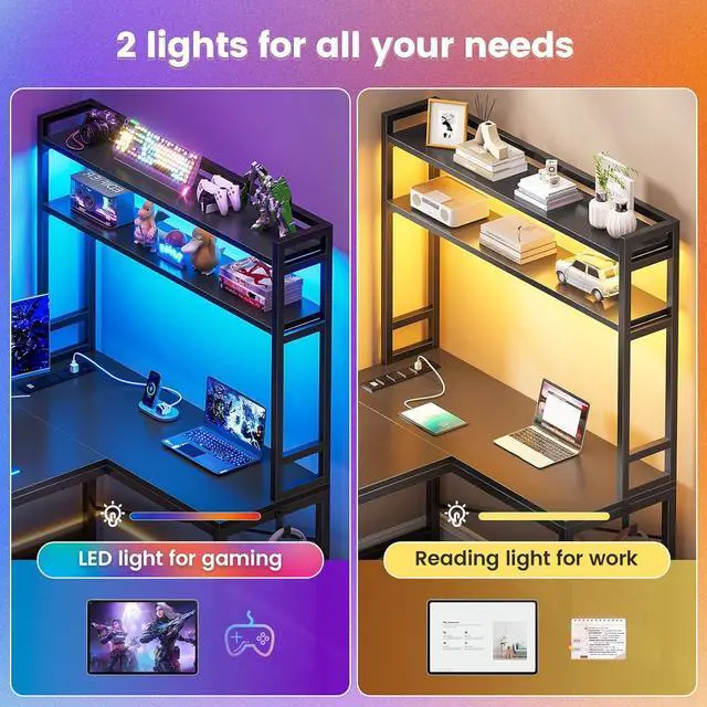 Alt view image 5 of 7 - L Shaped Gaming Desk, Reversible 45.3 Small Corner Desk with Power Outlet and LED Lights, Corner Gaming Desk with Storage Shelves, Hooks for Small Space, Black