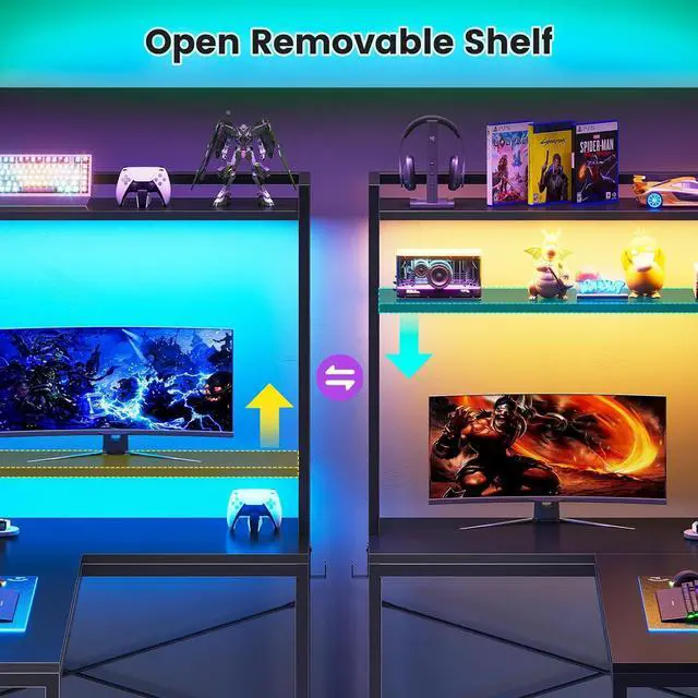 Alt view image 6 of 7 - L Shaped Gaming Desk, Reversible 45.3 Small Corner Desk with Power Outlet and LED Lights, Corner Gaming Desk with Storage Shelves, Hooks for Small Space, Black