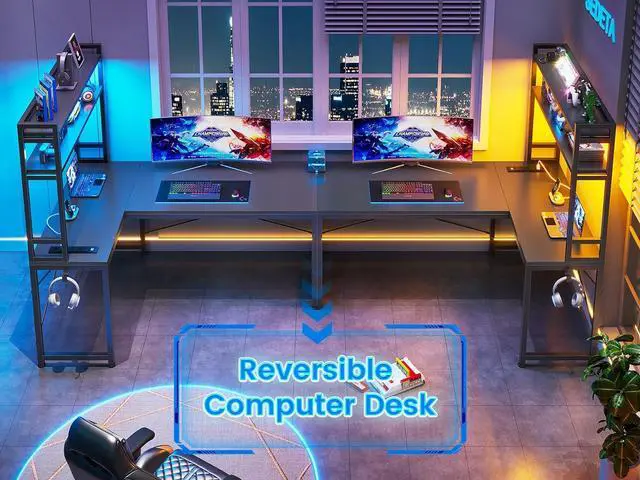 Alt view image 7 of 7 - L Shaped Gaming Desk, Reversible 45.3 Small Corner Desk with Power Outlet and LED Lights, Corner Gaming Desk with Storage Shelves, Hooks for Small Space, Black