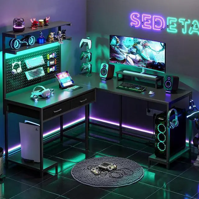Main image of L Shaped Gaming Desk with LED Lights, Pegboard and Drawers, Gaming Desk with Hutch, Computer Desk with Monitor Stand, Storage Shelves, Home Office Desk Corner Desk, Gaming Table, Black