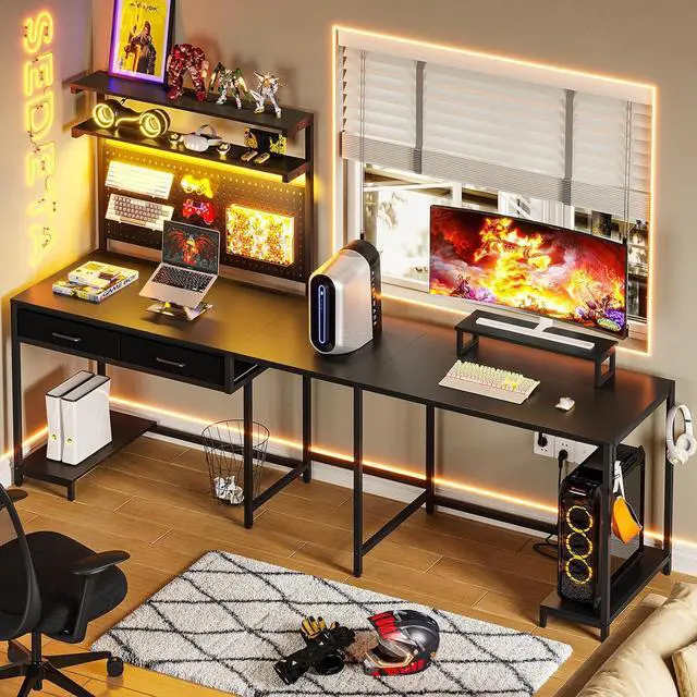 Alt view image 2 of 7 - L Shaped Gaming Desk with LED Lights, Pegboard and Drawers, Gaming Desk with Hutch, Computer Desk with Monitor Stand, Storage Shelves, Home Office Desk Corner Desk, Gaming Table, Black