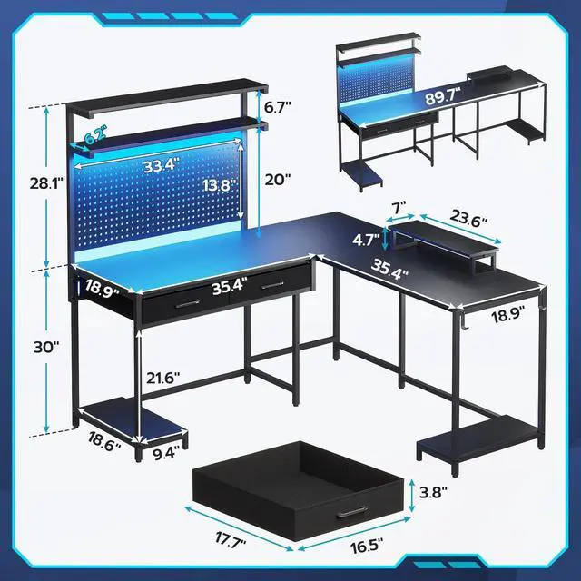 Alt view image 3 of 7 - L Shaped Gaming Desk with LED Lights, Pegboard and Drawers, Gaming Desk with Hutch, Computer Desk with Monitor Stand, Storage Shelves, Home Office Desk Corner Desk, Gaming Table, Black