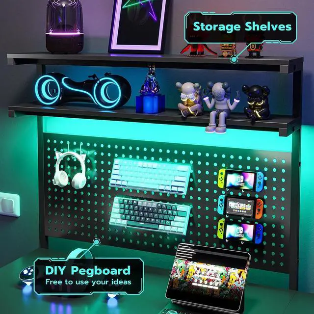 Alt view image 4 of 7 - L Shaped Gaming Desk with LED Lights, Pegboard and Drawers, Gaming Desk with Hutch, Computer Desk with Monitor Stand, Storage Shelves, Home Office Desk Corner Desk, Gaming Table, Black
