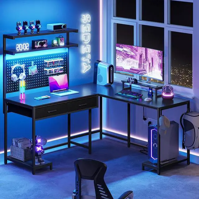 Alt view image 6 of 7 - L Shaped Gaming Desk with LED Lights, Pegboard and Drawers, Gaming Desk with Hutch, Computer Desk with Monitor Stand, Storage Shelves, Home Office Desk Corner Desk, Gaming Table, Black