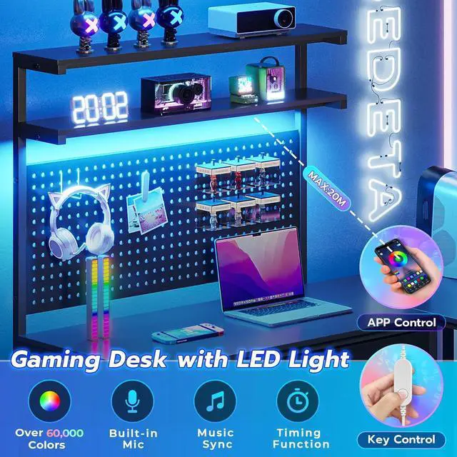 Alt view image 7 of 7 - L Shaped Gaming Desk with LED Lights, Pegboard and Drawers, Gaming Desk with Hutch, Computer Desk with Monitor Stand, Storage Shelves, Home Office Desk Corner Desk, Gaming Table, Black
