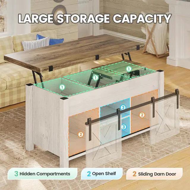 Alt view image 4 of 7 - SEDETA Farmhouse Lift Top Coffee Table with Storage and Hidden Compartment