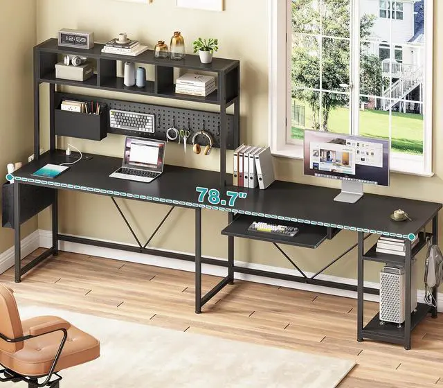 Alt view image 2 of 7 - L Shaped Gaming Desk with Hutch, 57.5 Reversible Corner Computer Desk with Storage Shelves, Gaming Desk with Pegboard, LED Lights, Power Outlet, Keyboard Tray and Storage Bag, Black