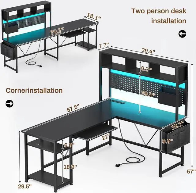 Alt view image 3 of 7 - L Shaped Gaming Desk with Hutch, 57.5 Reversible Corner Computer Desk with Storage Shelves, Gaming Desk with Pegboard, LED Lights, Power Outlet, Keyboard Tray and Storage Bag, Black