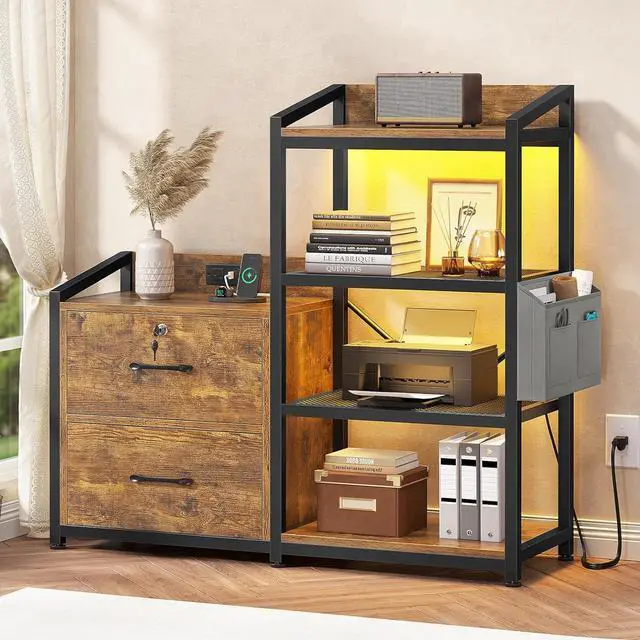 Main image of SEDETA 35.4 File Cabinet, Filing Cabinet fits Letter/A4 Size, 2 Drawe File Cabinets for Home Office with Power Strip, LED Lights, Lock, Open Shelf, Rustic Brown