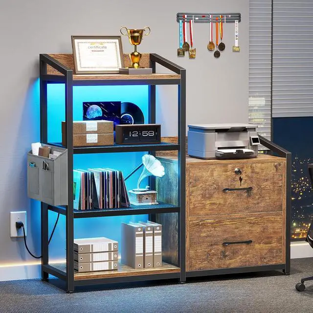 Alt view image 3 of 7 - SEDETA 35.4 File Cabinet, Filing Cabinet fits Letter/A4 Size, 2 Drawe File Cabinets for Home Office with Power Strip, LED Lights, Lock, Open Shelf, Rustic Brown
