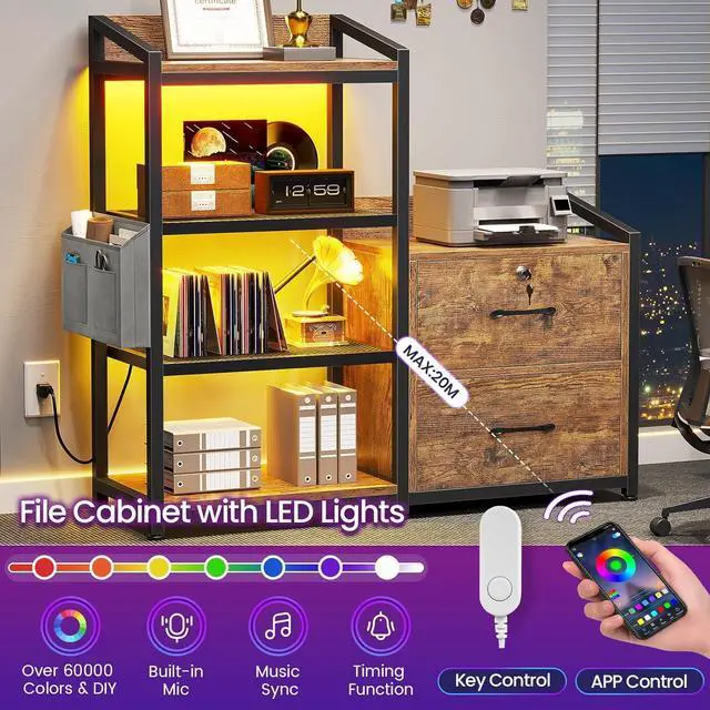 Alt view image 4 of 7 - SEDETA 35.4 File Cabinet, Filing Cabinet fits Letter/A4 Size, 2 Drawe File Cabinets for Home Office with Power Strip, LED Lights, Lock, Open Shelf, Rustic Brown