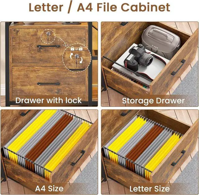 Alt view image 5 of 7 - SEDETA 35.4 File Cabinet, Filing Cabinet fits Letter/A4 Size, 2 Drawe File Cabinets for Home Office with Power Strip, LED Lights, Lock, Open Shelf, Rustic Brown