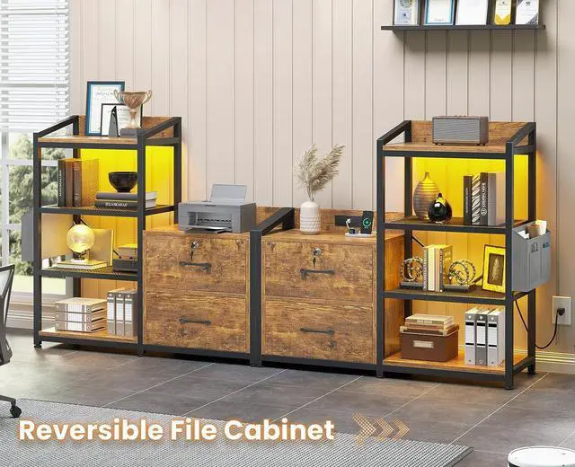 Alt view image 7 of 7 - SEDETA 35.4 File Cabinet, Filing Cabinet fits Letter/A4 Size, 2 Drawe File Cabinets for Home Office with Power Strip, LED Lights, Lock, Open Shelf, Rustic Brown