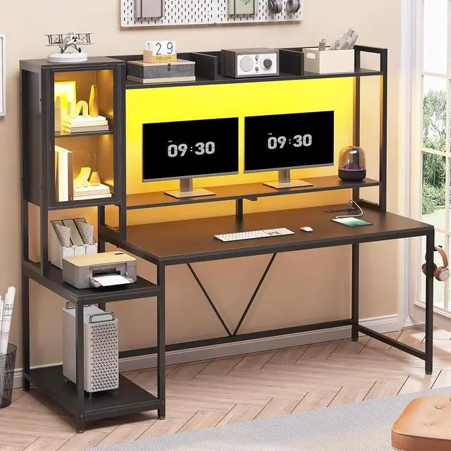 Alt view image 3 of 7 - Gaming Desk, 60'' Gaming Desk with Hutch and LED Lights, Computer Desk with Storage Shelves, Large PC Gamer Desk with Display Cabinet, Monitor Stand, Power Outlet for Home Office, Black