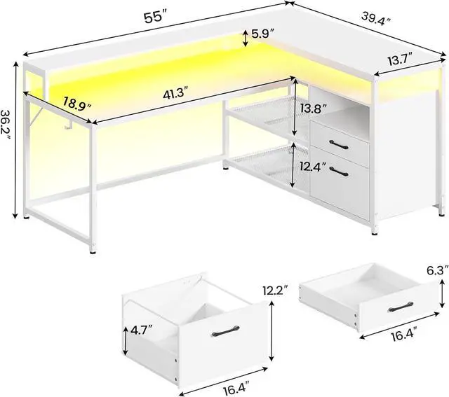 Alt view image 2 of 7 - White Computer Desk with Drawers, 55" Home Office Desk with File Drawer and Storage Shelves, L Shaped Gaming Desk with LED Lights and Monitor Shelf