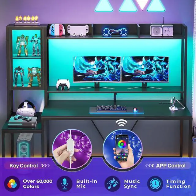 Alt view image 7 of 7 - Gaming Desk, 60'' Gaming Desk with Hutch and LED Lights, Computer Desk with Storage Shelves, Large PC Gamer Desk with Display Cabinet, Monitor Stand, Power Outlet for Home Office, Black