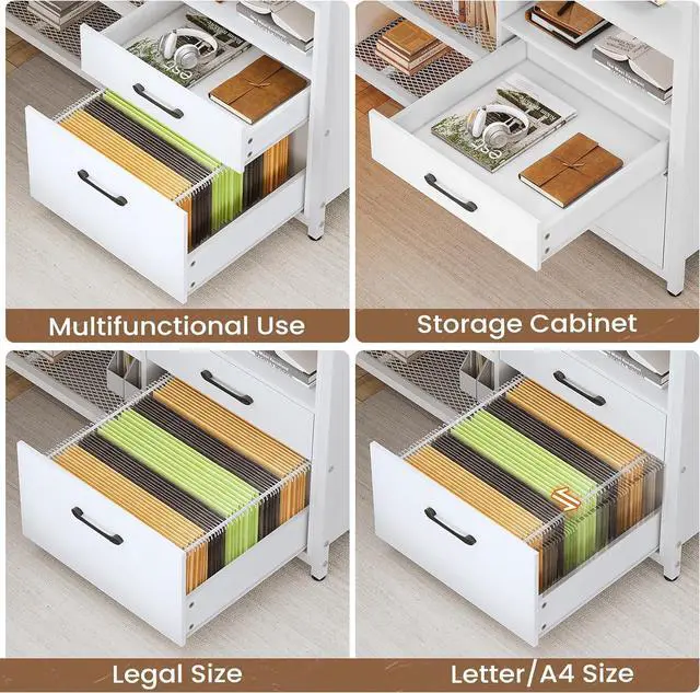 Alt view image 4 of 7 - White Computer Desk with Drawers, 55" Home Office Desk with File Drawer and Storage Shelves, L Shaped Gaming Desk with LED Lights and Monitor Shelf