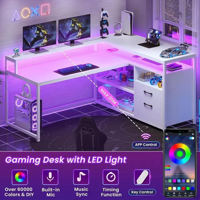 Alt view image 7 of 7 - White Computer Desk with Drawers, 55" Home Office Desk with File Drawer and Storage Shelves, L Shaped Gaming Desk with LED Lights and Monitor Shelf