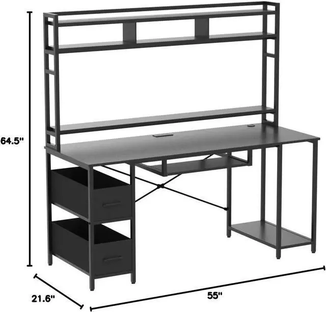 Alt view image 2 of 7 - Gaming Computer Desk, 55" Gaming Desk with LED Lights and Hutch, Computer Desk with Drawer, Power Outlet, Storage Shelves and Monitor Stand, Home Office Desk, Gamer Desk PC Table, Black
