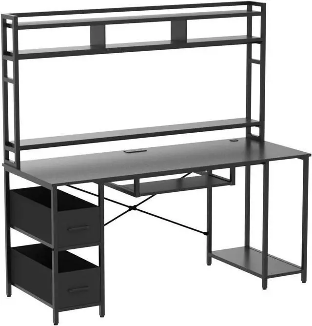 Alt view image 5 of 7 - Gaming Computer Desk, 55" Gaming Desk with LED Lights and Hutch, Computer Desk with Drawer, Power Outlet, Storage Shelves and Monitor Stand, Home Office Desk, Gamer Desk PC Table, Black