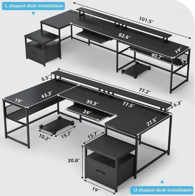 Alt view image 2 of 7 - U Shaped Desk, Reversible L Shaped Home Office Desk with File Drawer & Power Outlet, 101.5'' Computer Two Person Desk with Monitor Shelf, Keyboard Tray, Gaming Desk, Black