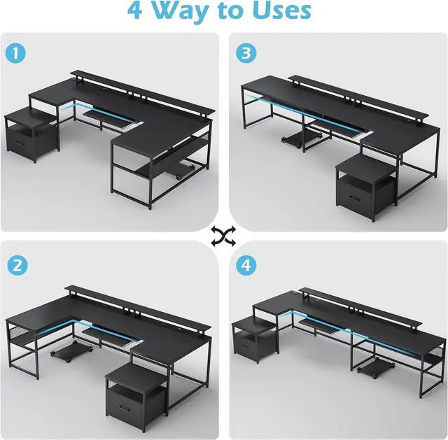 Alt view image 4 of 7 - U Shaped Desk, Reversible L Shaped Home Office Desk with File Drawer & Power Outlet, 101.5'' Computer Two Person Desk with Monitor Shelf, Keyboard Tray, Gaming Desk, Black