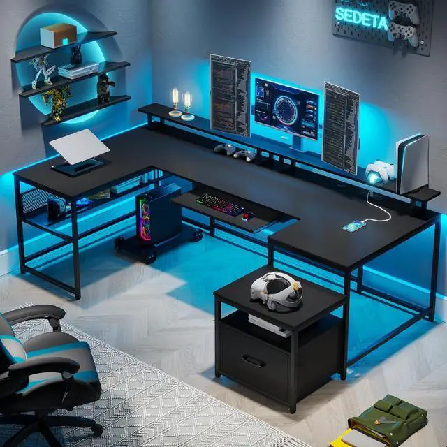 Alt view image 5 of 7 - U Shaped Desk, Reversible L Shaped Home Office Desk with File Drawer & Power Outlet, 101.5'' Computer Two Person Desk with Monitor Shelf, Keyboard Tray, Gaming Desk, Black